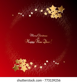 Golden stars and sparkles on a red background. Glowing ball. Fireworks. Merry Christmas and Happy New Year!