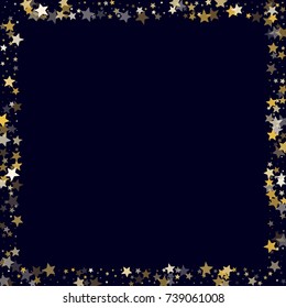 Golden Stars Square Glitter Frame on Dark Blue Background. Square Border with Stars Confetti. Greeting Card, Invitation Template with Free Space. Night Sky Vector Background