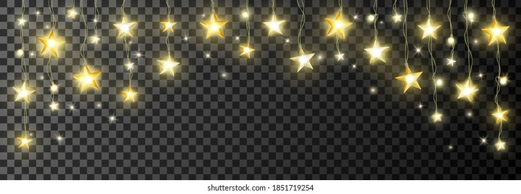 Golden stars string lights. Holiday decoration. Isolated glowing border. Sparkling vector frame. Celebration background for Christmas, New year banners, wedding or birthday cards, party posters.