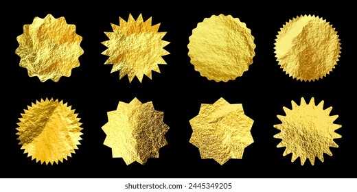 Golden stars, sunburst symbols. Shiny gold foil. Vintage sunbeam symbols. Shopping labels, sale or discount sticker, quality mark. Special offer price tag, promotional badge. Vector illustration