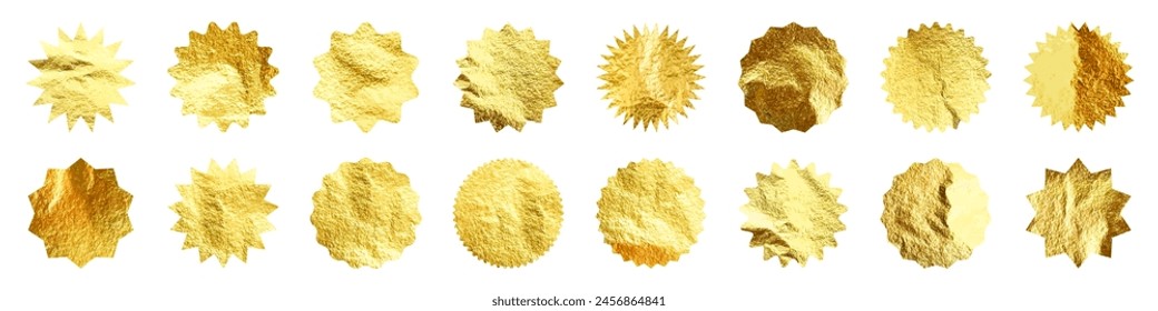 Estrellas doradas, símbolos de rayos de sol. Lámina de oro brillante. Símbolos de rayos solares de Antiguas. Etiquetas de la compra, etiqueta engomada de la venta o del descuento, marca de calidad. Oferta especial etiqueta de Precio, insignia promocional. Ilustración vectorial