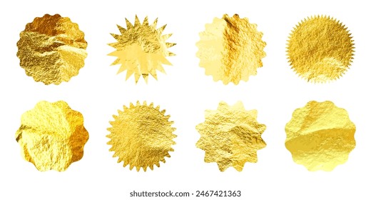 Goldene Sterne, Sonnenstich-Symbole. Glänzende Goldfolie. Klassische Sonnenstrahlsymbole. Einkaufsetiketten, Verkaufs- oder Rabattaufkleber, Qualitätszeichen. Sonderangebot Preis-Tag, Werbe-Abzeichen. Vektorillustration