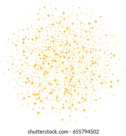 Golden stars vector circle cosmic background. Decorative pattern on white with gold sparkles, glitter confetti. Holiday astral design. Flying stars for card or banner background.