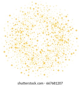 Golden stars vector circle cosmic background. Decorative pattern on white with gold sparkles, glitter confetti. Holiday astral design. Flying stars for card or banner background.