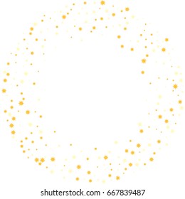 Golden stars vector circle cosmic frame background. Decorative pattern on white with gold sparkles, glitter confetti. Holiday astral design. Flying stars for card or banner background.