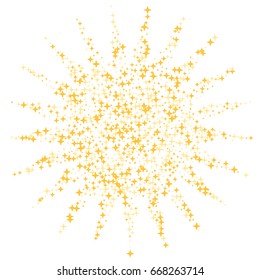 Golden stars vector circle cosmic fireworks background. Decorative pattern on white with gold sparkles explosion, glitter confetti. Holiday astral design.