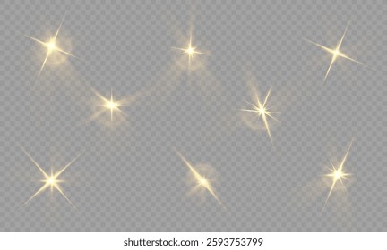 Golden stars and white sparks shimmer in a radiant glow. Transparent background with sparkling magical dust, sunlight flash, and abstract lens flare. Perfect PNG glow with stunning PNG light effects.