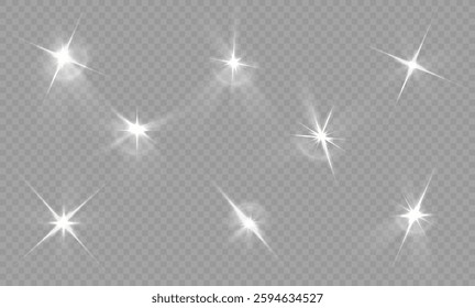 Golden stars and white sparks shimmer in a radiant glow. Transparent background with sparkling magical dust, sunlight flash, and abstract lens flare. Perfect PNG glow with stunning PNG light effects.