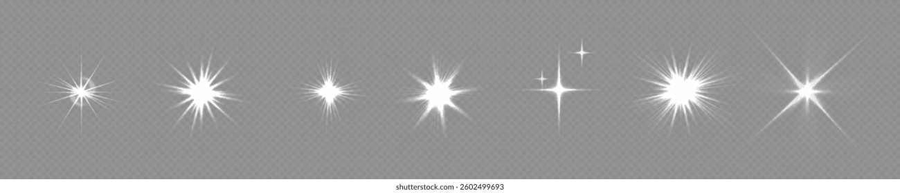 Golden stars and white sparks shimmer in a radiant glow. Transparent background with sparkling magical dust, sunlight flash, and abstract lens flare. Perfect PNG glow with stunning PNG light effects.