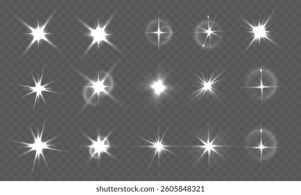 Golden stars and white sparks shimmer in a radiant glow. Transparent background with sparkling magical dust, sunlight flash, and abstract lens flare. Perfect PNG glow with stunning PNG light effects.