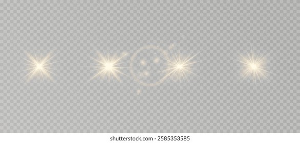 Golden star-sun light with glowing rays and radiant flashes. A high-quality vector illustration featuring bright gold light particles, glitter effects, and shimmering sunbursts. 