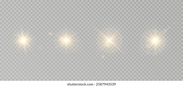 Golden star-sun light with glowing rays and radiant flashes. A high-quality vector illustration featuring bright gold light particles, glitter effects, and shimmering sunbursts. 