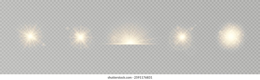 Golden star-sun light with glowing rays and radiant flashes. A high-quality vector illustration featuring bright gold light particles, glitter effects, and shimmering sunbursts. 
