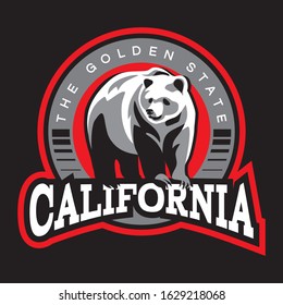 The Golden state California. Label with illustration of bear on black background 