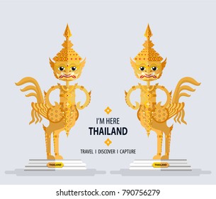 Golden statue Animal in Himmapan forest - Wat Phra Kaew, Thailand travel concept The Most Beautiful Places To Visit In Thailand in flat style.