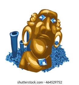 Golden statue in human form sank into the sea. Vector illustration.
