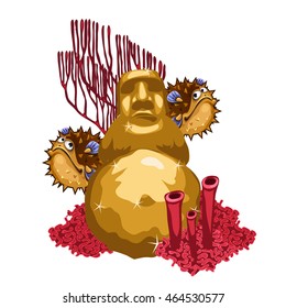 Golden statue in human form sank into the sea. Vector illustration.
