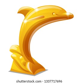 Golden statue of a jumping dolphin isolated on white background. Vector cartoon close-up illustration.