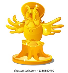 Golden statue of an old owl on a stump with a hat isolated on white background. Vector cartoon close-up illustration.