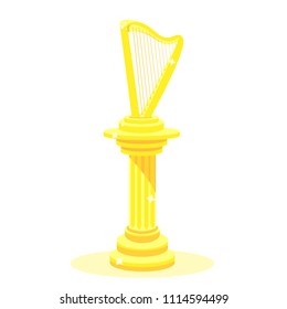 Golden statue with shiny standing gold harp on ancient column.Gold harp. Modern flat cartoons style vector illustration icons. Isolated on white background. Gold musical instrument Golden harp. Harp. 