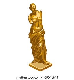 Golden Statue Of A Woman In Greek Style On Isolated White Background. Cartoon Vector Close-up Illustration.