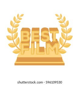 Golden statue with a wreath and inscription.The prize for best film.Movie awards single icon in cartoon style vector symbol stock illustration.