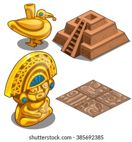 Golden statues and architecture of the ancient tribes of the Mayas. Vector illustration.