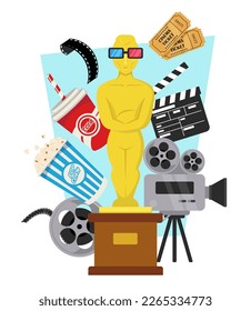 Golden statuette and cinematography elements vector illustration. Cartoon drawing of camera, popcorn, movie tickets, clapperboard, film reel on blue and white background. Cinema, entertainment concept