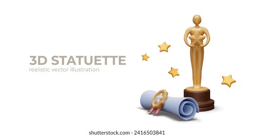 Golden statuette, document with seal, stars. Winner certificate