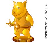 The Golden statuette in the form of bully pig with a slingshot isolated on white background. Vector cartoon close-up illustration.
