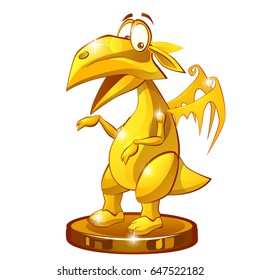 The Golden statuette in the form of cartoon funny dragon isolated on white background. Vector cartoon close-up illustration.