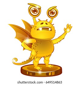 The Golden statuette in the form of cartoon funny winged monster isolated on white background. Vector cartoon close-up illustration.