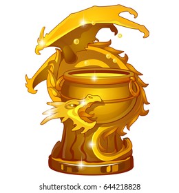 The Golden statuette in the form of dragon wrapped around a cauldron isolated on white background. Vector cartoon close-up illustration.
