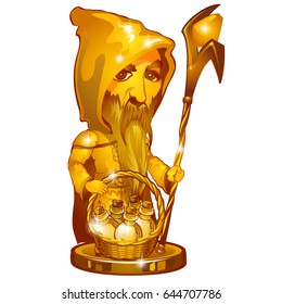 The Golden statuette in the form of elder wizard in a robe with a hood with a staff and magic potion in basket isolated on white background. Vector cartoon close-up illustration.