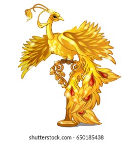 The Golden statuette in the form of fabulous luxurious and magical bird isolated on white background. Vector cartoon close-up illustration.