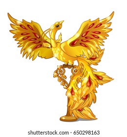 The Golden statuette in the form of fabulous luxurious and magical bird flapping wings isolated on white background. Vector cartoon close-up illustration.