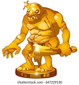 Golden statuette in the form of goblin with hatchet sticking in his head isolated on white background. Fantastic inhabitants of the forest. Vector cartoon close-up illustration.