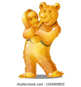 Golden statuette in the form of a village girl in the paws of a bear isolated on white background. Vector cartoon close-up illustration.