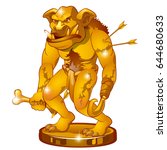 The Golden statuette in the form of wounded by the arrows of the Goblin isolated on white background. Fantastic inhabitants of the forest. Vector cartoon close-up illustration.