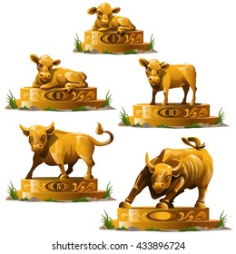 The Golden statuettes in the form stage of maturation of the bull isolated on white background. Vector cartoon close-up illustration.