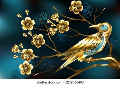 Golden steampunk bird with gold gears on branch, jewelry cherry blossom, on turquoise background.