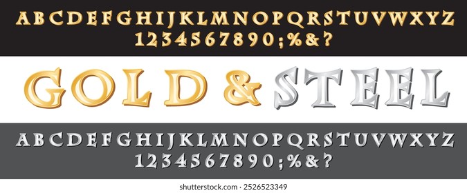 golden and steely alphabet, hand drawn original fonts