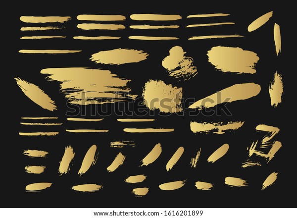 Golden stencil dividers. Gold brush\
strokes, torn borders. Grunge paint lines. Distressed banner.\
Vector isolated paintbrush set. Chinese rough box shapes.\
