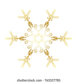 Golden stencil snowflake for winter celebration decoration Christmas and New Year greeting card, wedding invitation background. Laser cut template design Gold gradient texture. Zentangle mandala style