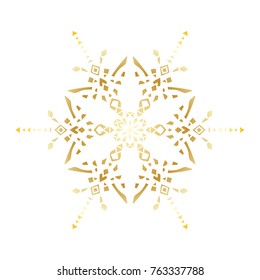 Golden stencil snowflake for winter celebration decoration Christmas and New Year greeting card, wedding invitation background. Laser cut template design Gold gradient texture. Zentangle mandala style