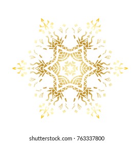 Golden stencil snowflake for winter celebration decoration Christmas and New Year greeting card, wedding invitation background. Laser cut template design Gold gradient texture. Zentangle mandala style