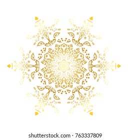 Golden stencil snowflake for winter celebration decoration Christmas and New Year greeting card, wedding invitation background. Laser cut template design Gold gradient texture. Zentangle mandala style