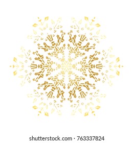 Golden stencil snowflake for winter celebration decoration Christmas and New Year greeting card, wedding invitation background. Laser cut template design Gold gradient texture. Zentangle mandala style