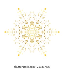 Golden stencil snowflake for winter celebration decoration Christmas and New Year greeting card, wedding invitation background. Laser cut template design Gold gradient texture. Zentangle mandala style