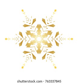 Golden stencil snowflake for winter celebration decoration Christmas and New Year greeting card, wedding invitation background. Laser cut template design Gold gradient texture. Zentangle mandala style